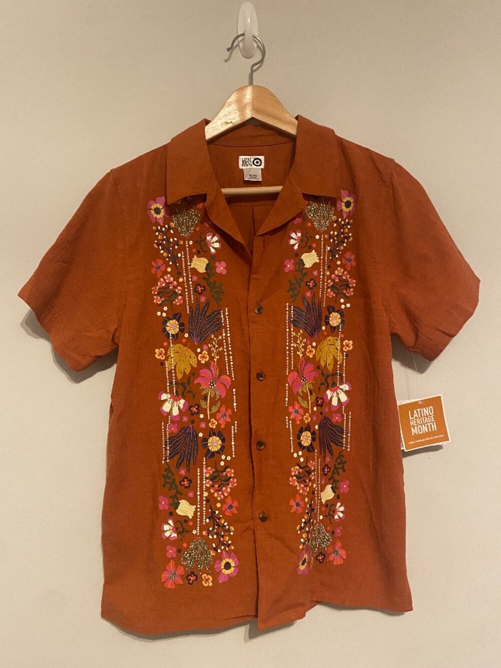 Embroidered Short Sleeve Button-Down Shirt, XL (GIRLS), Rust/Multicolor